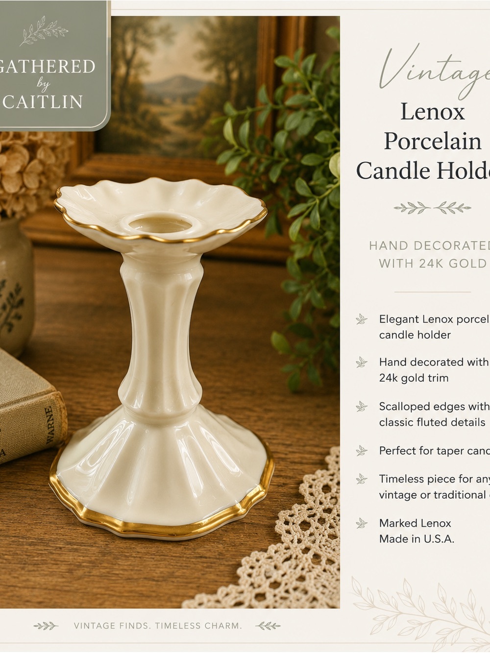 Lenox White Porcelain Candle Holder with Gold Trim